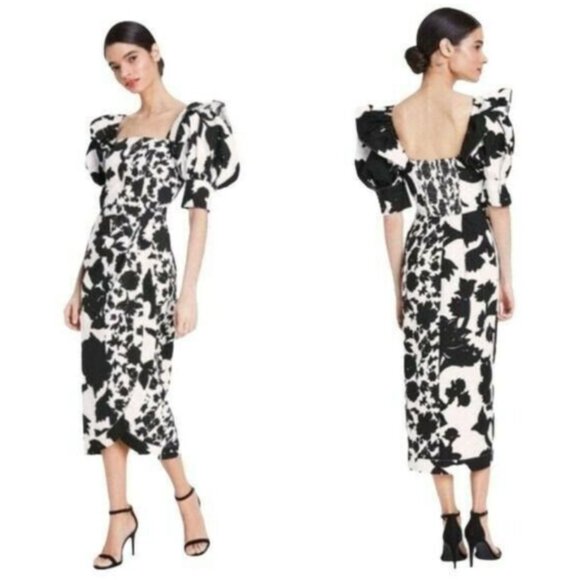 Christopher John Rogers Black and White Floral Midi Dress - Picture 1 of 8